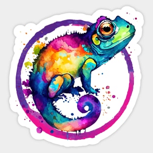 Colorful Chameleon Watercolor Splash Art Print - Pink Sticker